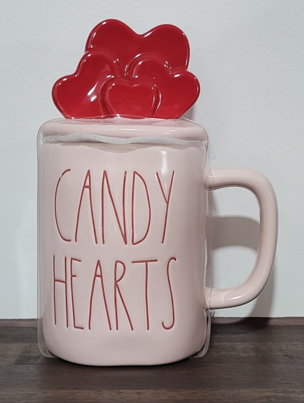 Rae Dunn Pink 'Candy Hearts' Mug with Red Hearts Topper
